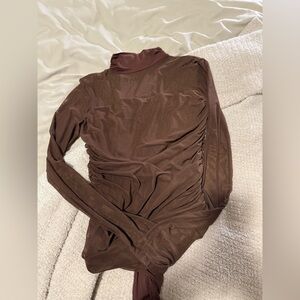 Brown Mesh Long Sleeve Turtleneck Body Suit